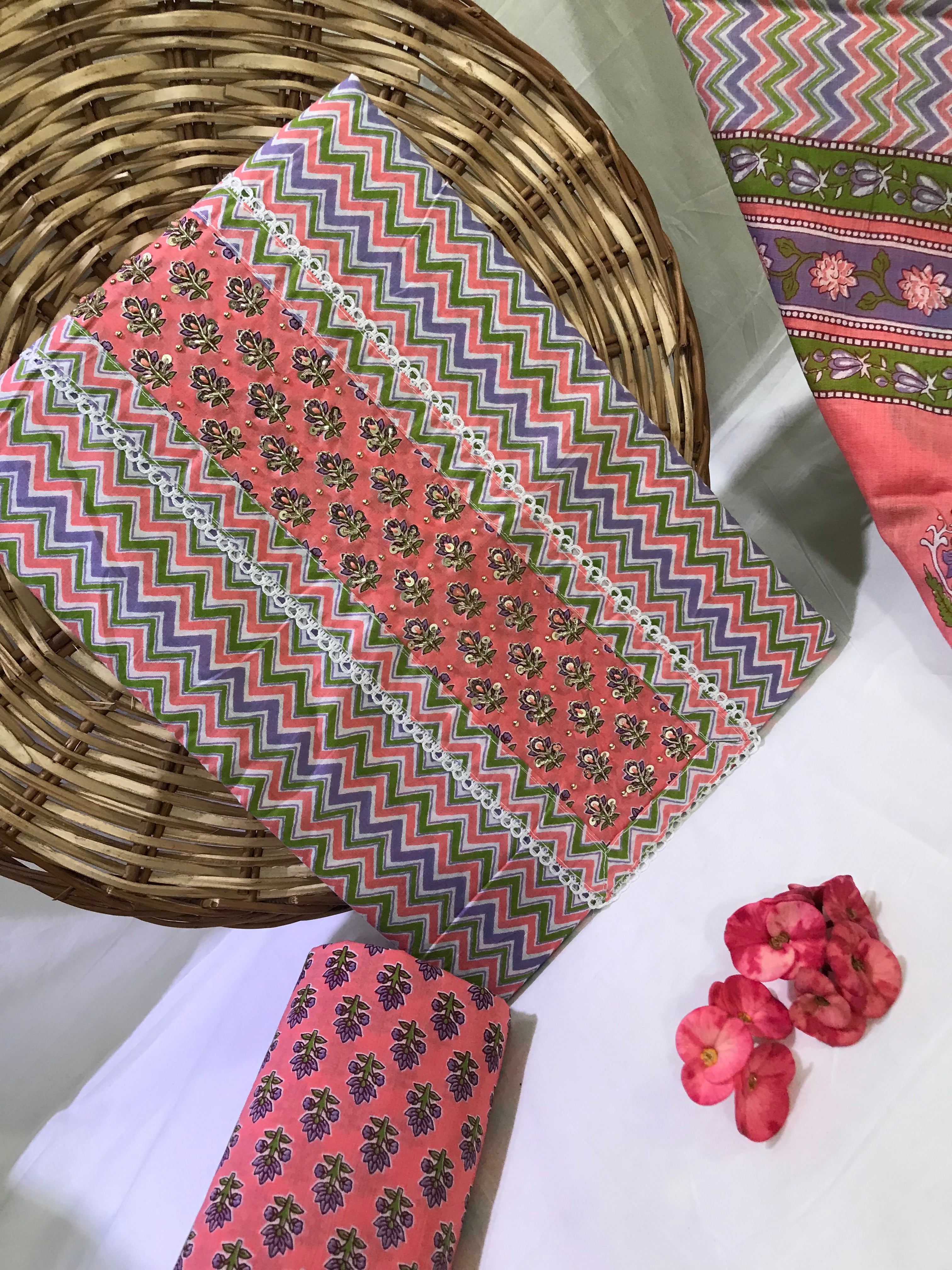 JAIPURI PRINTED COTTON NECK WORK SUITS WITH MULMUL DUPATTA (GOTAYS133)