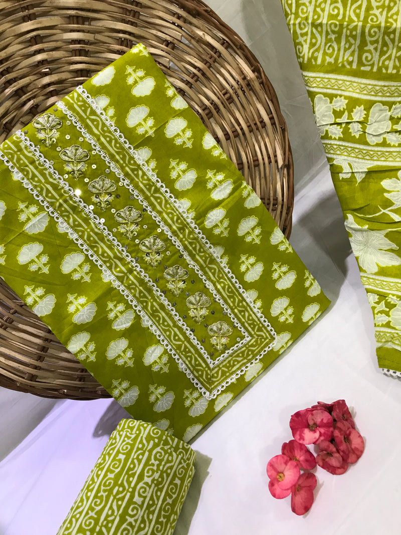 JAIPURI PRINTED COTTON NECK WORK SUITS WITH MULMUL DUPATTA (GOTAYS137)