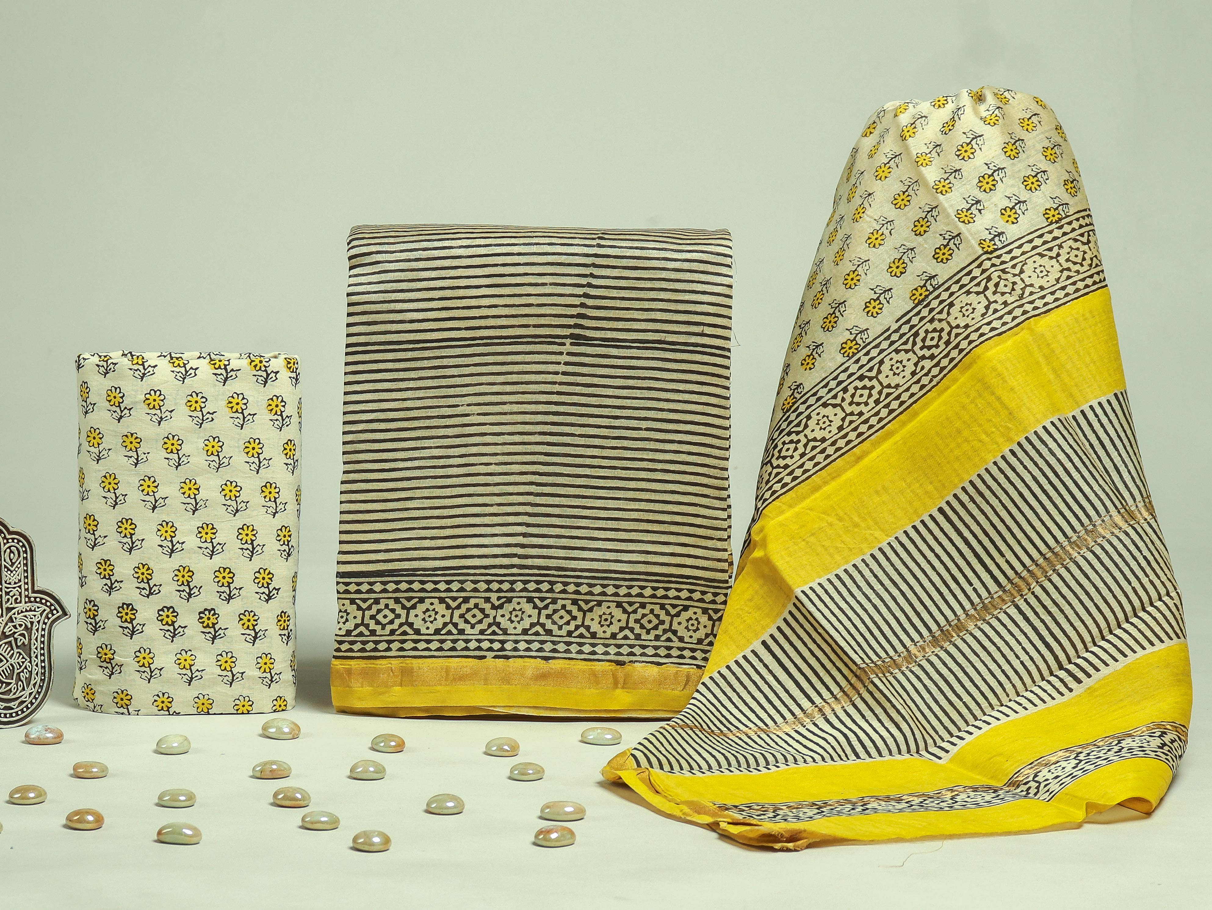 ELEGANT HAND BLOCK CHANDERI SILK SUIT SET WITH CHANDERI DUPATTA (CHDYS223)