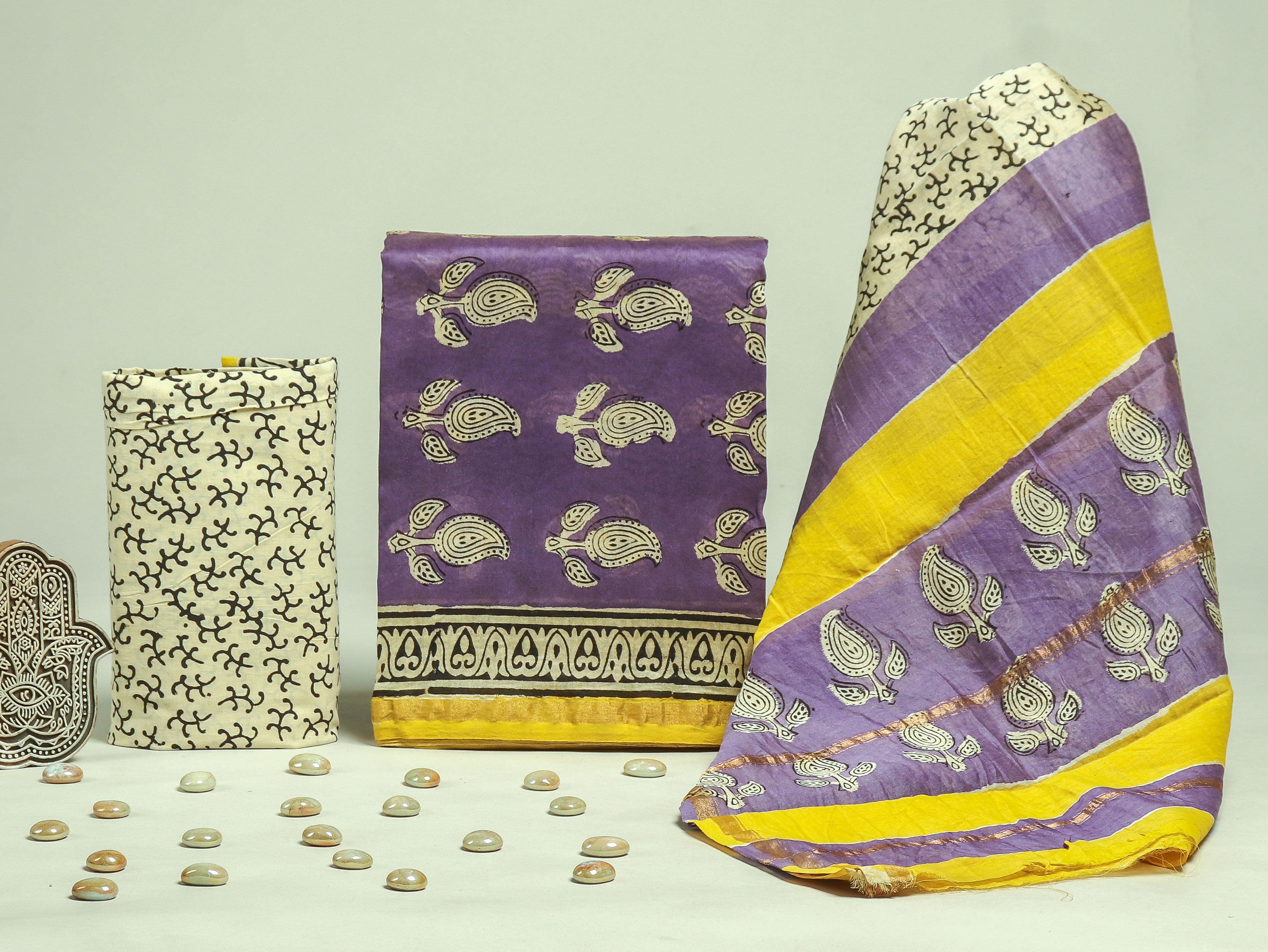 EXCLUSIVE HAND BLOCK CHANDERI SILK SUIT SET WITH  CHANDERI DUPATTA (CHDYS107)