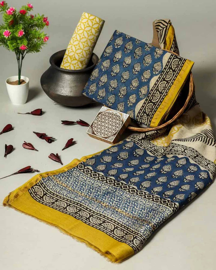 TRADITIONAL HAND BLOCK  PRINT CHANDERI SILK SUIT SET WITH CHANDERI DUPATTA (CHDYS90)