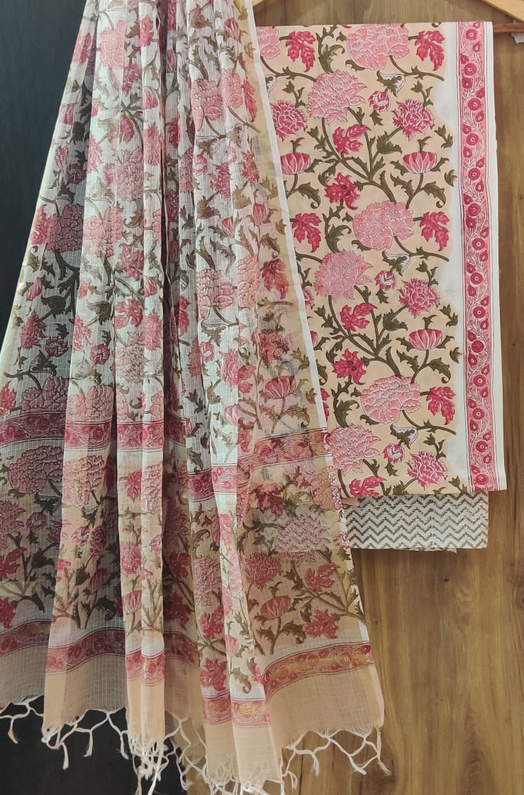 DESIGNER HAND BLOCK PRINT PURE COTTON SUIT MATERIAL WITH KOTA DORIA DUPATTA (3CKDYS85)