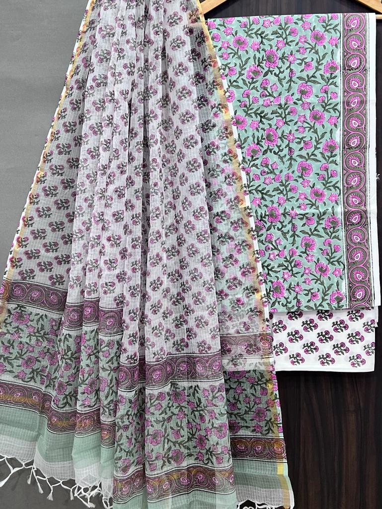 ELEGANT HAND BLOCK PURE COTTON SUIT WITH KOTA DORIA DUPATTA (3CKDYS136)