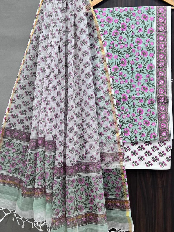 ELEGANT HAND BLOCK PURE COTTON SUIT WITH KOTA DORIA DUPATTA (3CKDYS136)