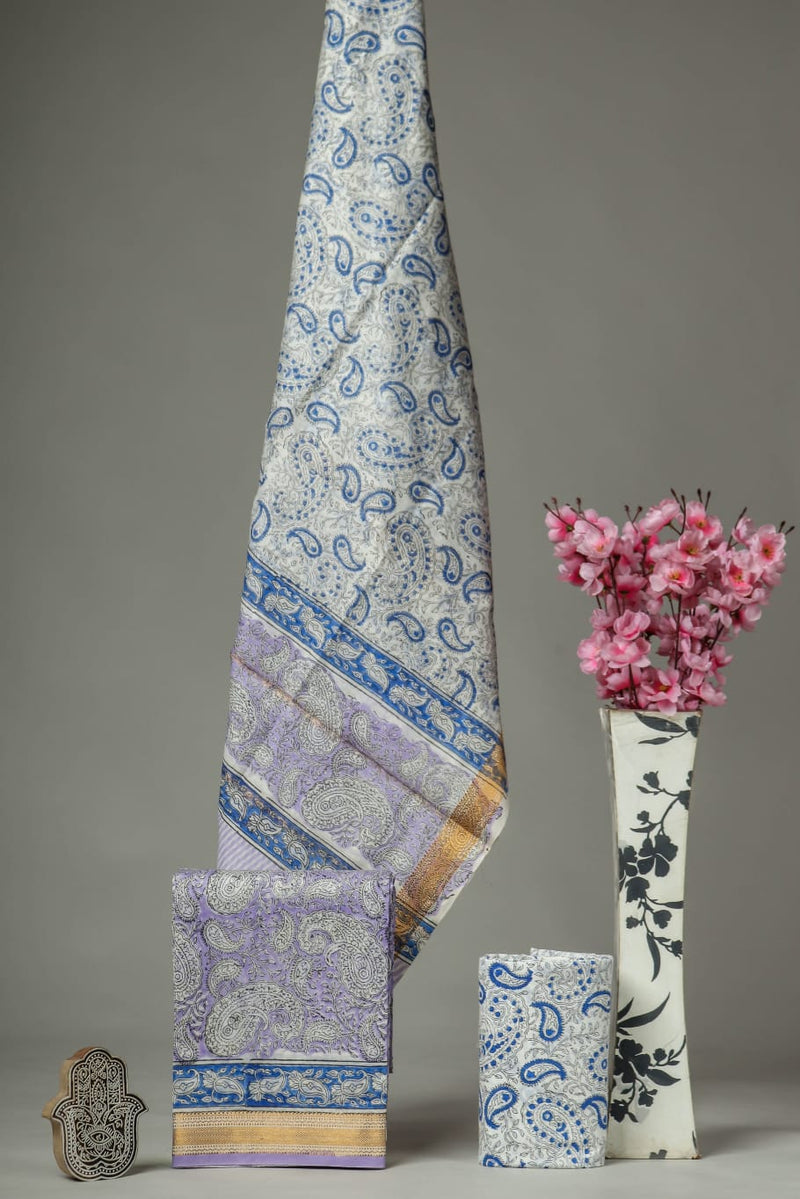 Designer Hand Block Print Maheshwari Silk Suit Set (MSLYS01)