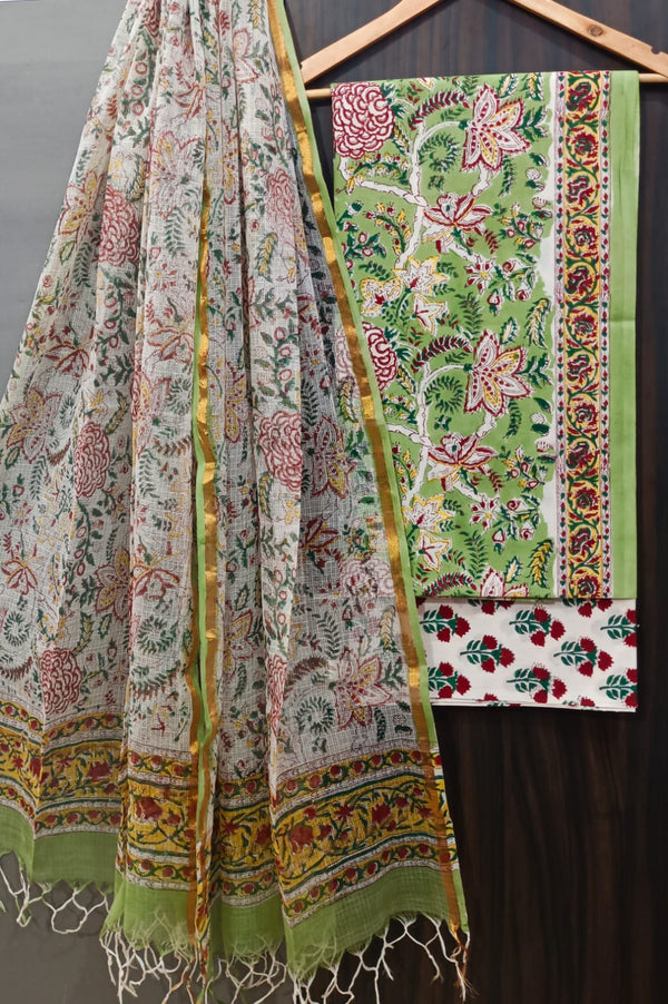 Designer Hand Block Print Pure Cotton Suit Material with Kota Doria Dupatta (3CKDYS08)