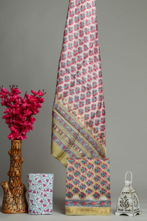 Designer Hand Block Print Maheshwari Silk Suit Set  (MSLYS09)