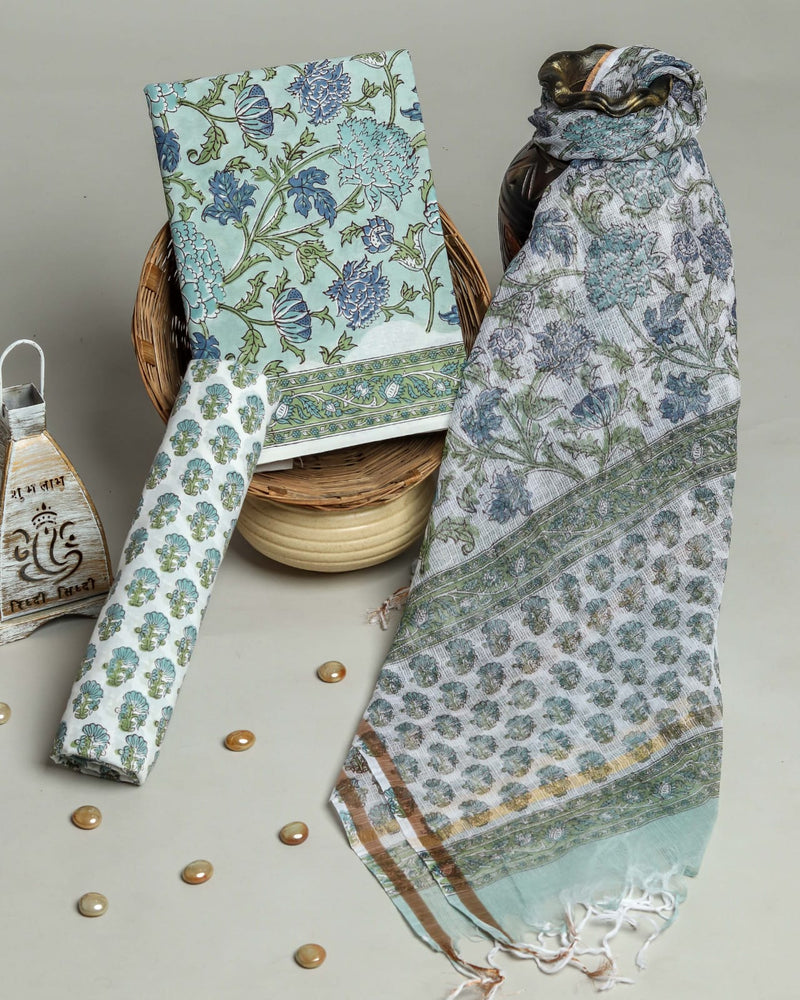 DESIGNER HAND BLOCK PRINT PURE COTTON SUIT MATERIAL WITH KOTA DORIA DUPATTA (3CKDYS25)