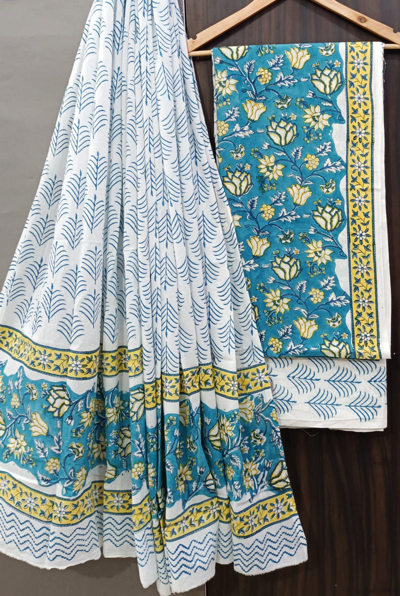 DESIGNER HAND BLOCK  PRINT PURE COTTON SUIT WITH MULMUL DUPATTA (MALYS48)