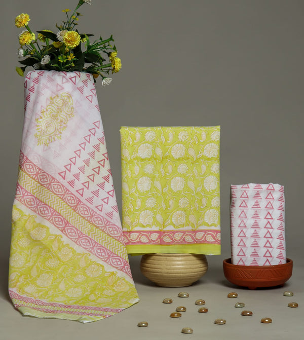 Elegat Hand Block Print Cotton Suit Set with Mulmul Dupatta (malys291)