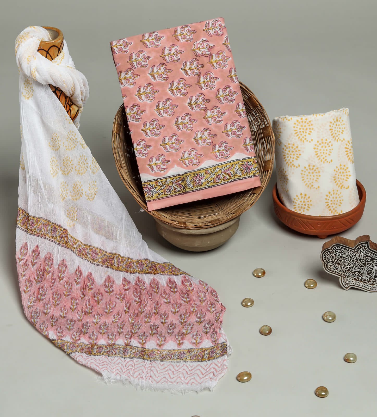 Elegant Hand Block Print Pure Cotton Suit With Chiffion  Duptta (PCHFYS89)