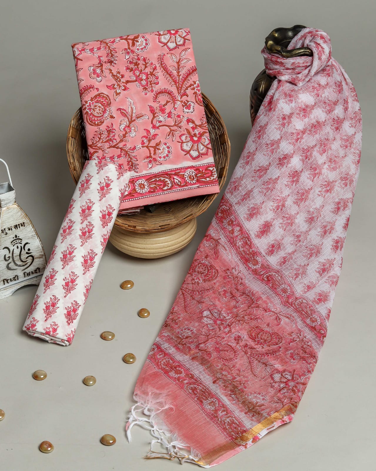 TRADITIONAL HAND HAND BLOCK PURE COTTON SUIT WITH KOTA DORIA DUPATTA (3CKDYS256)