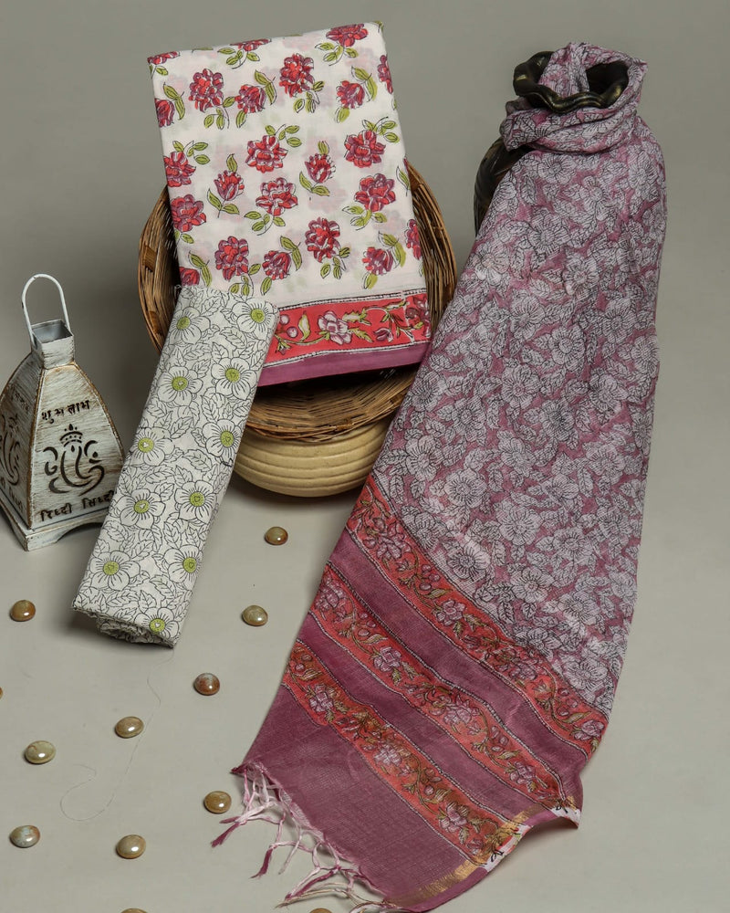 EXCLUSIVE HAND BLOCK PRINT PURE COTTON SUIT WITH KOTA DORIYA DUPTTA (3CKDYS175)