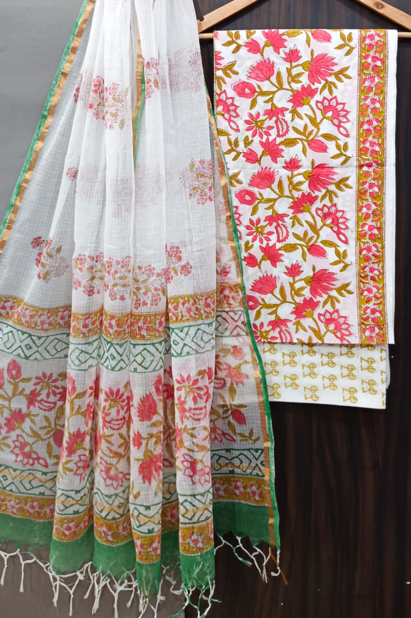 APPEALING FLORAL HAND BLOCK PRINT COTTON SUIT WITH KOTA DORIA DUPATTA (3CKDYS243)