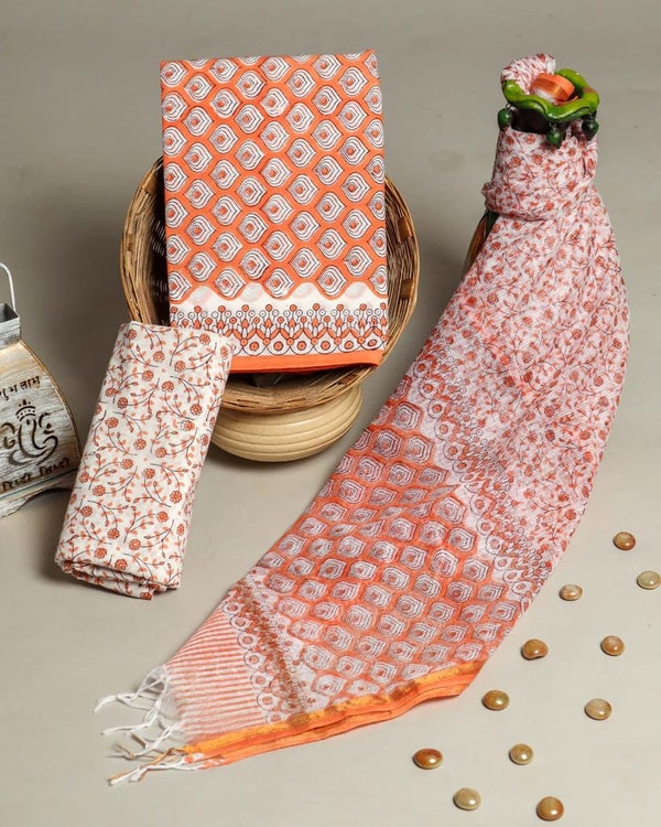 Pretty Combination of Red-Peach Block Printed Kota Doria Dupatta main image 0