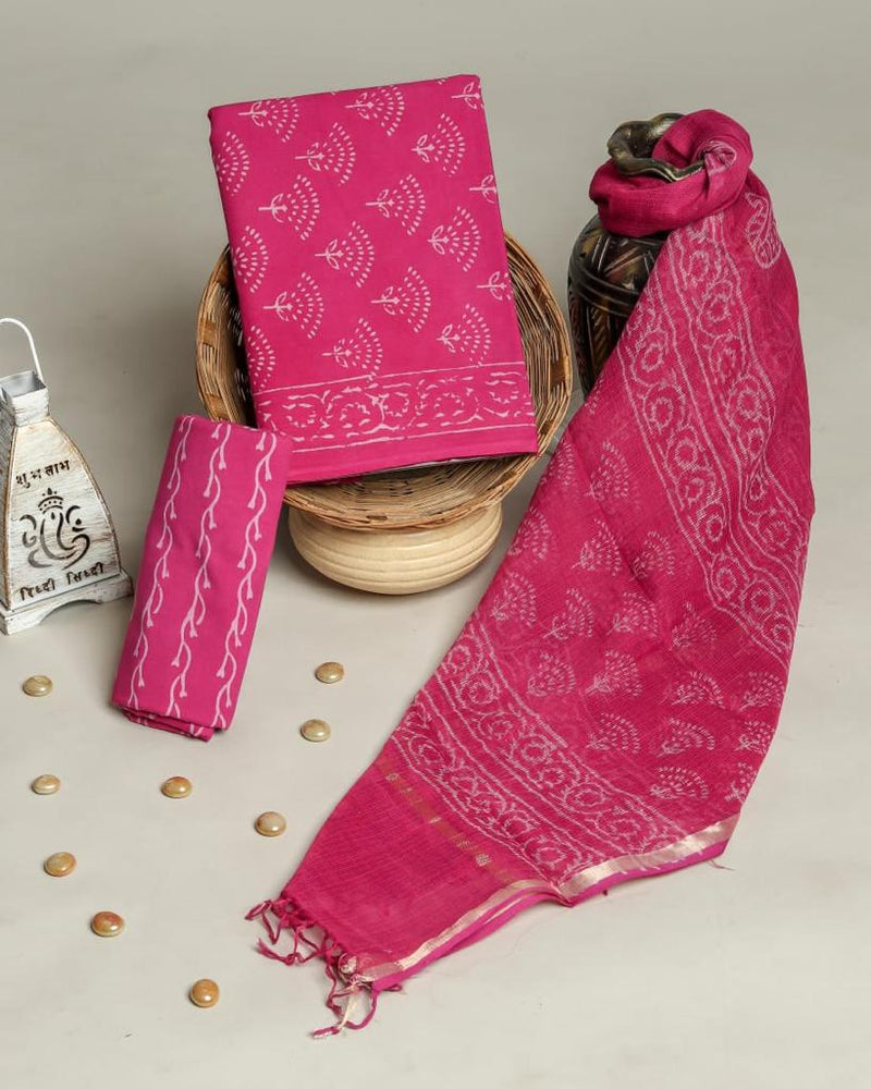 EXCULIVE FLORAL JAAL COTTON SUIT SET WITH KOTA DORIA DUPTTA(3CKDYS203)