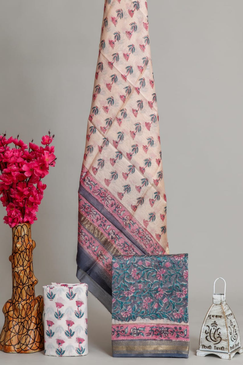 DESIGNER HAND BLOCK PRINT MAHESHWARI SILK SUIT SET (MSLYS137)