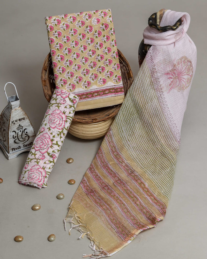 Appealing Floral Hand Block Print Cotton Suit with Kota Doria Dupatta (3CKDYS207)