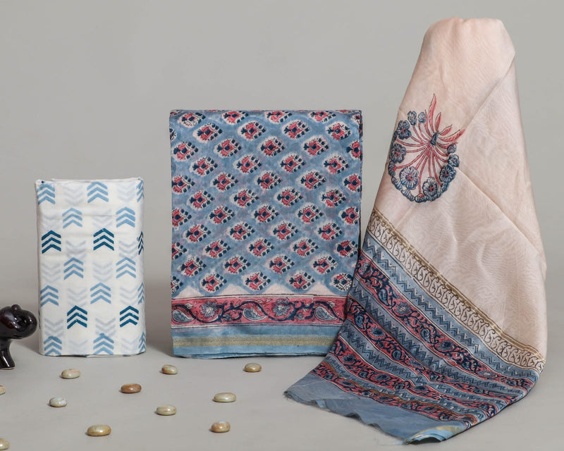 TRADITIONAL HAND BLOCK CHANDERI SILK SUIT SET WITH CHANDERI DUPATTA (CHDYS282)