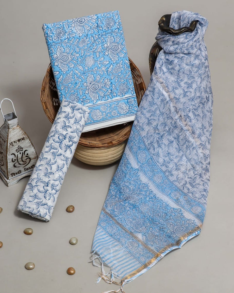 DESIGNER HAND BLOCK PRINT PURE COTTON SUIT MATERIAL WITH KOTA DORIA DUPATTA (3CKDYS70)