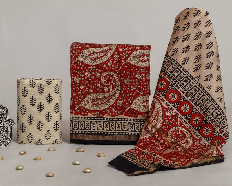 DESIGNER HAND BLOCK PRINT CHANDERI SILK SUIT SET WITH PREMIUM CHANDERI DUPATTA (CHDYS287)