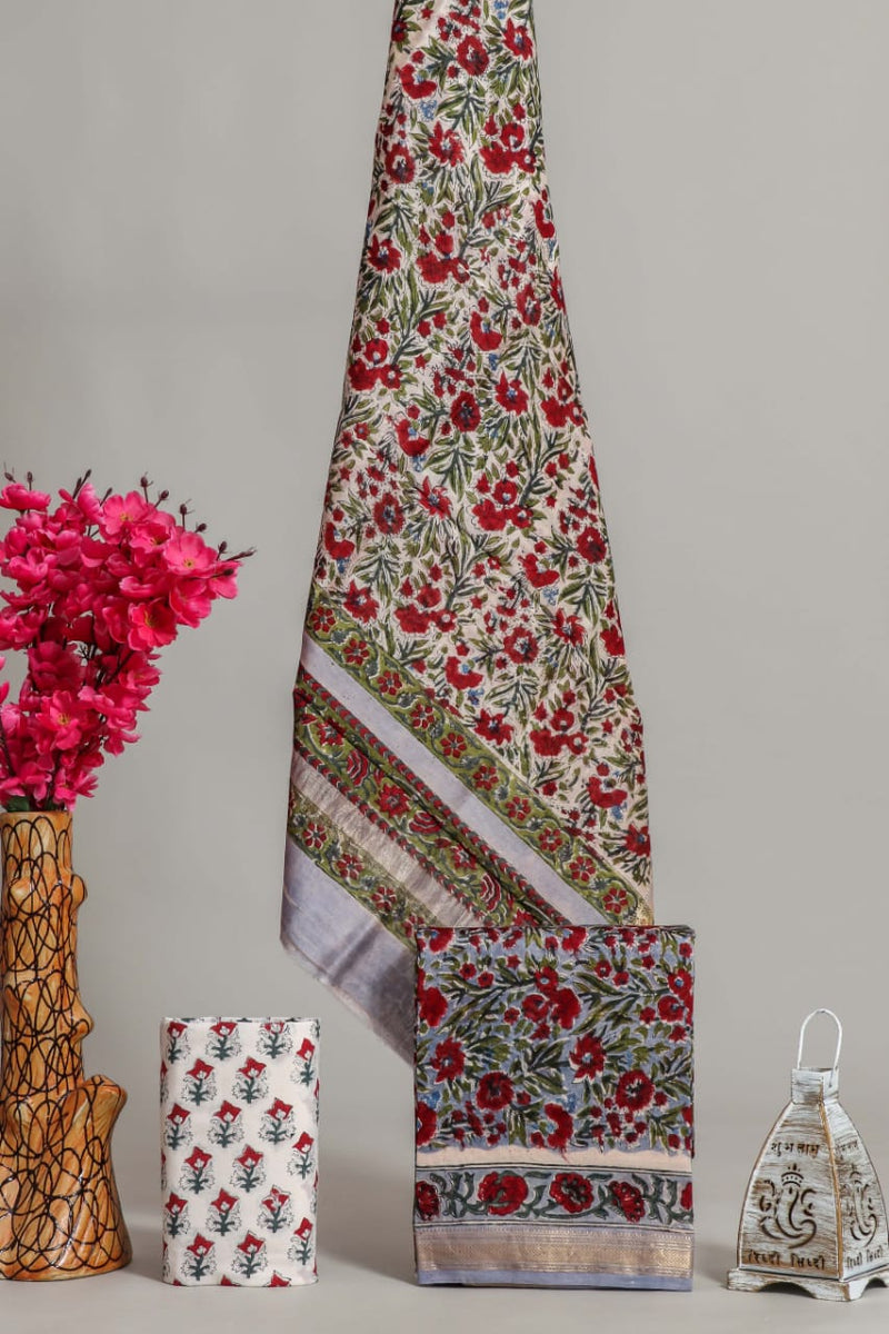 Designer Hand Block Print Maheshwari Silk Suit Set (MSLYS24)