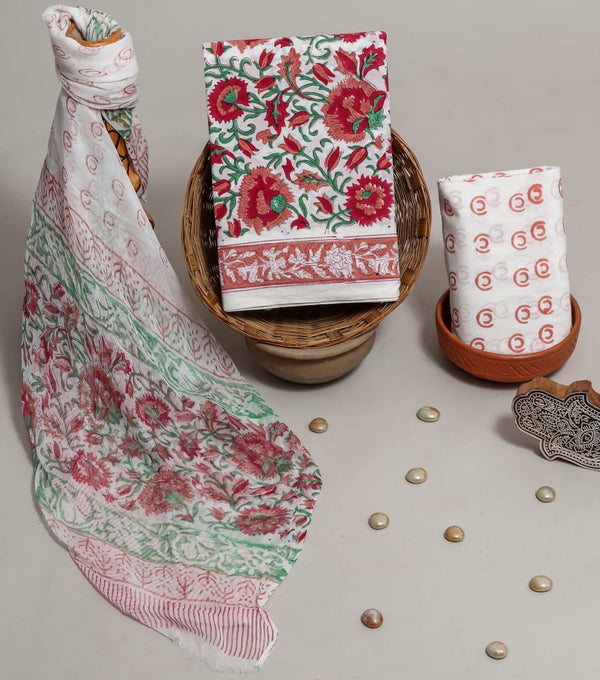 YUVI STYLE HAND BLOCK PRINT PURE COTTON SUIT WITH CHIFFION DUPTTA (PCHFYS74)