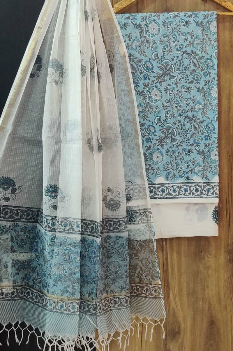 DESIGNER HAND BLOCK PRINT PURE COTTON SUIT MATERIAL WITH KOTA DORIA DUPATTA (3CKDYS80)