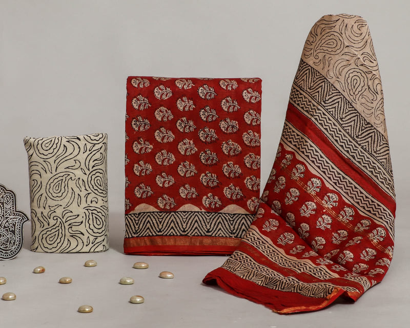 TRADITIONAL HAND BLOCK CHANDERI SILK SUIT SET WITH CHANDERI DUPATTA (CHDYS202)