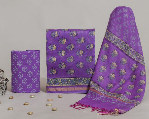 ELEGANT HAND BLOCK  PRINTED CHANDERI SILK SUIT SET WITH CHANDERI DUPATTA (CHDYS213)