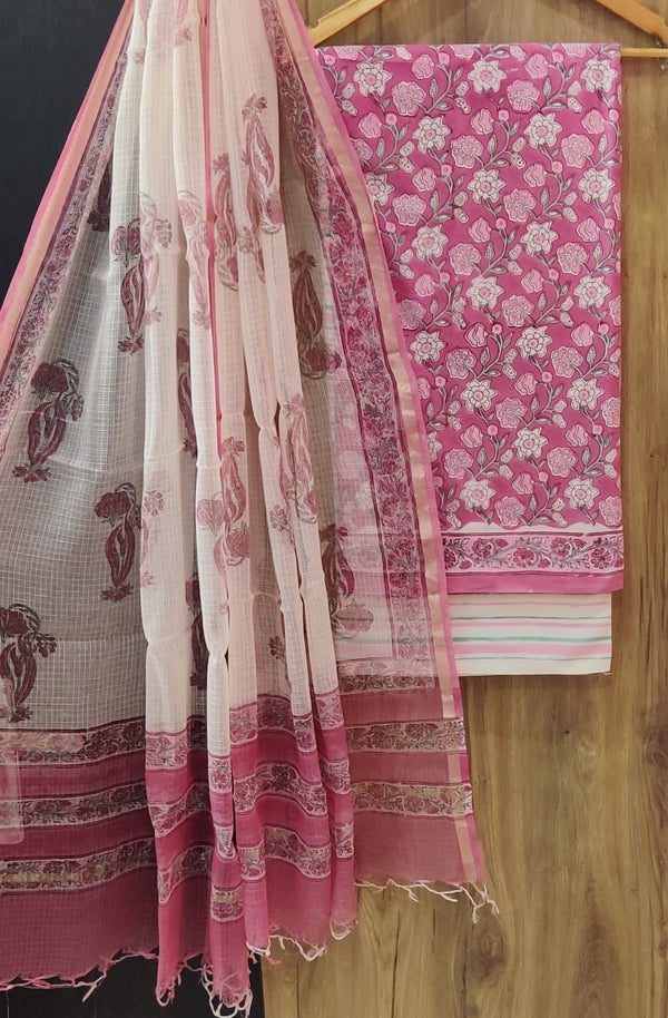 DESIGNER HAND BLOCK PRINT PURE COTTON SUIT MATERIAL WITH KOTA DORIA DUPATTA (3CKDYS43)