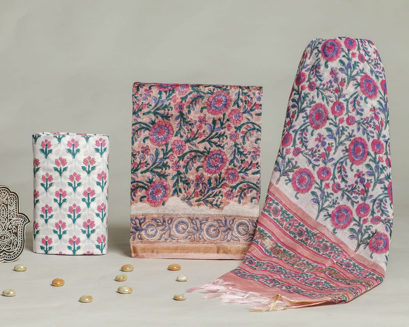ELEGANT HAND BLOCK CHANDERI SILK SUIT SET WITH CHANDERI DUPATTA (CHDYS289)