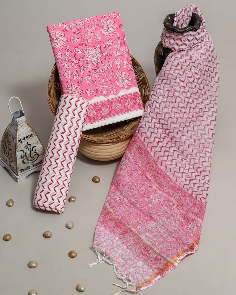 EXCLUSIVE HAND BLOCK PRINT PURE COTTON SUIT WITH KOTA DORIYA DUPTTA (3CKDYS177)
