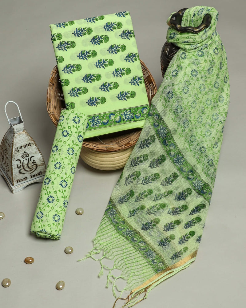 DESIGNER HAND BLOCK PRINT PURE COTTON SUIT MATERIAL WITH KOTA DORIA DUPATTA (3CKDYS232)