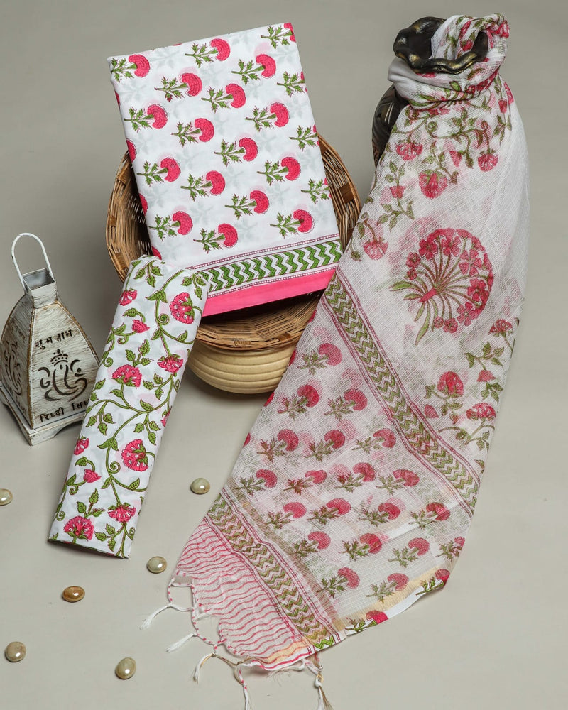 DESIGNER HAND BLOCK PRINT PURE COTTON SUIT MATERIAL WITH KOTA DORIA DUPATTA (3CKDYS228)
