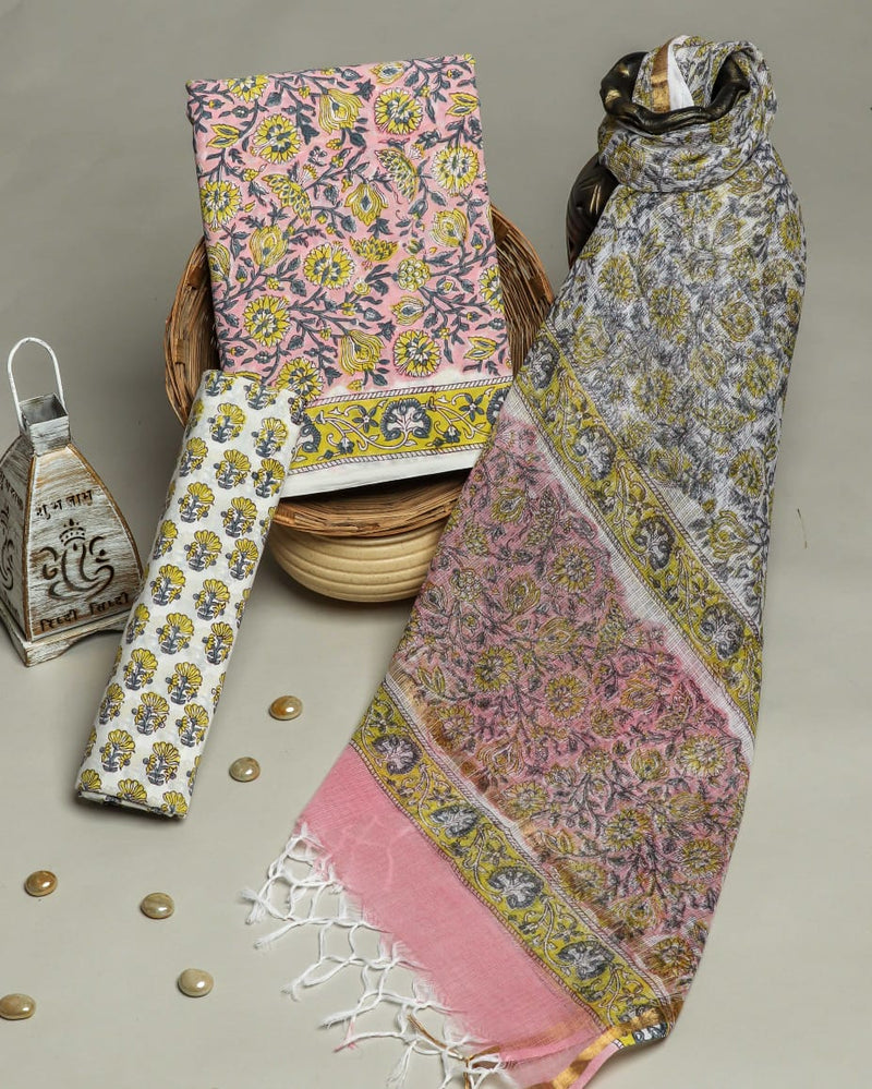TRADITIONAL HAND HAND BLOCK PURE COTTON SUIT WITH KOTA DORIA DUPATTA (3CKDYS223)