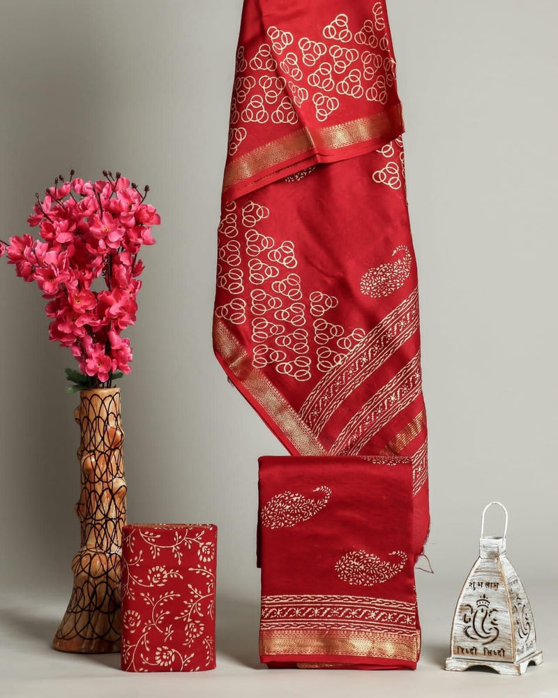 EXCLUSIVE  HAND BLOCK PRINT MAHESHWARI SILK SUIT WITH MAHESHWARI SILK DUPPTA (MSLYS88)
