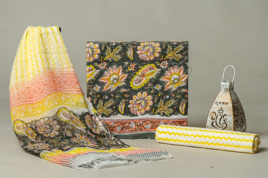 EXCLUSIVE HAND BLOCK PRINT PURE COTTON SUIT WITH CHIFFION DUPTTA (PCHFYS100)