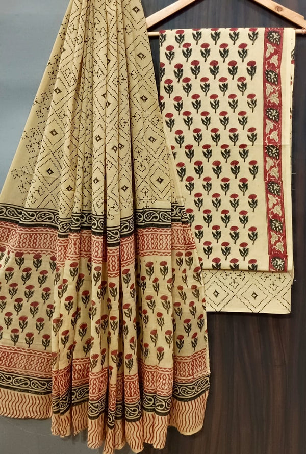 Designer Hand Block Print Pure Cotton Suit with Cotton Mulmul Dupatta (MALYS11)