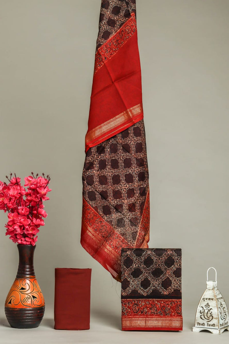 Designer Hand Block Print Maheshwari SilK Suit Set (MSLYS25)