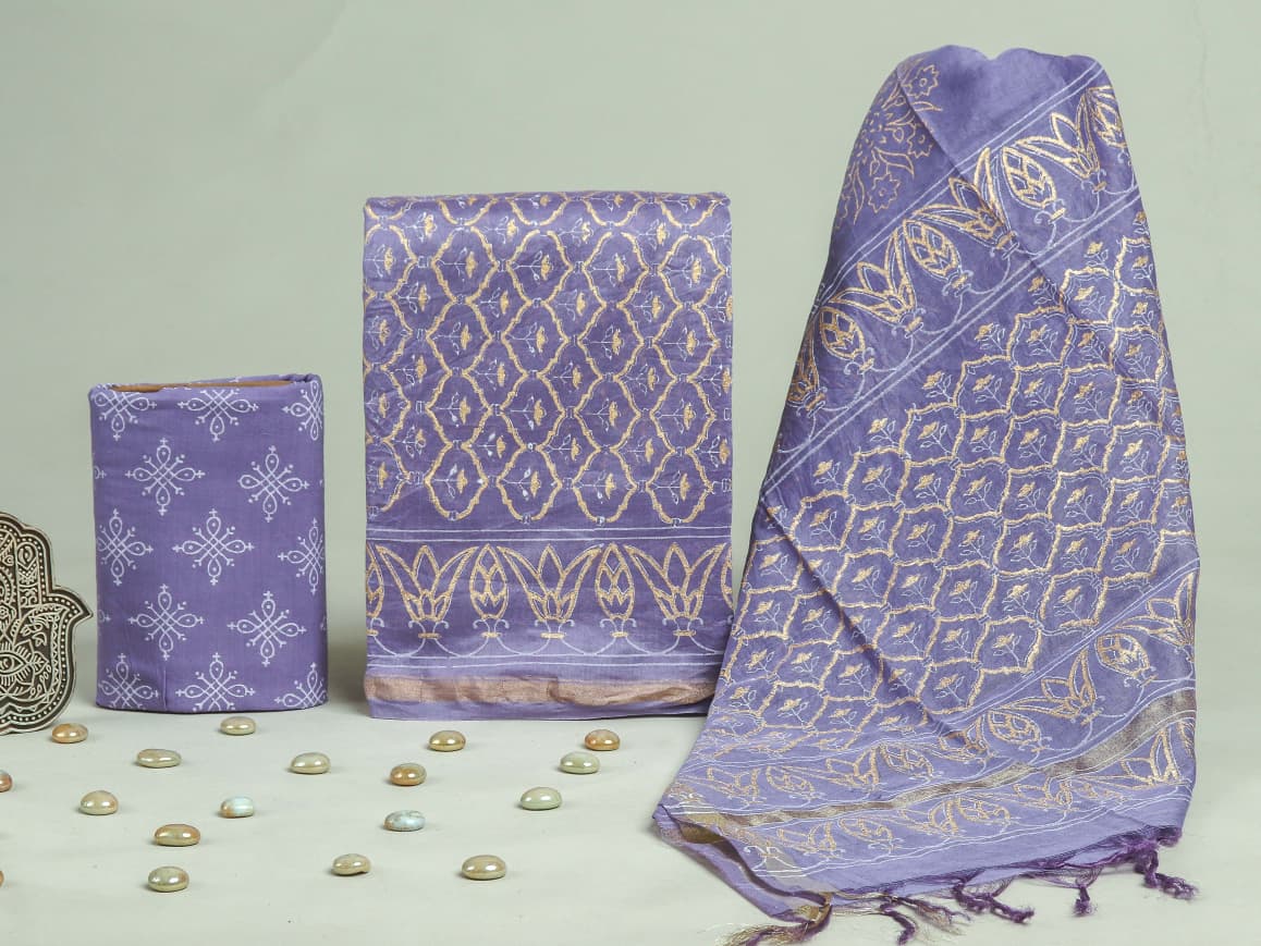 Designer Hand Block  Print Chanderi Silk Suit set with Premium Chanderi Dupatta (CHDYS22)