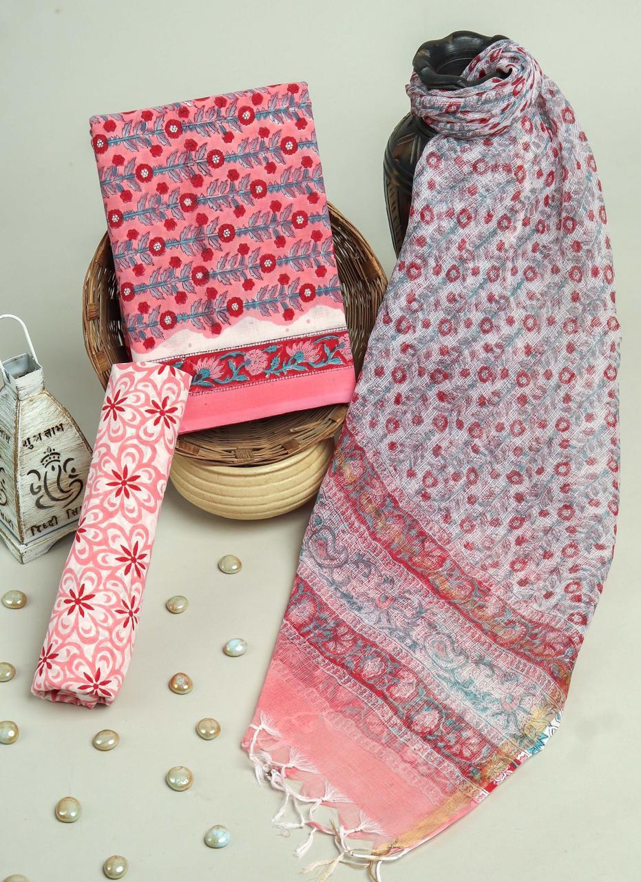 FLORAL HAND BLOCK PRINT PURE COTTON SUIT WITH DORIA DUPATTA(3CKDYS146)