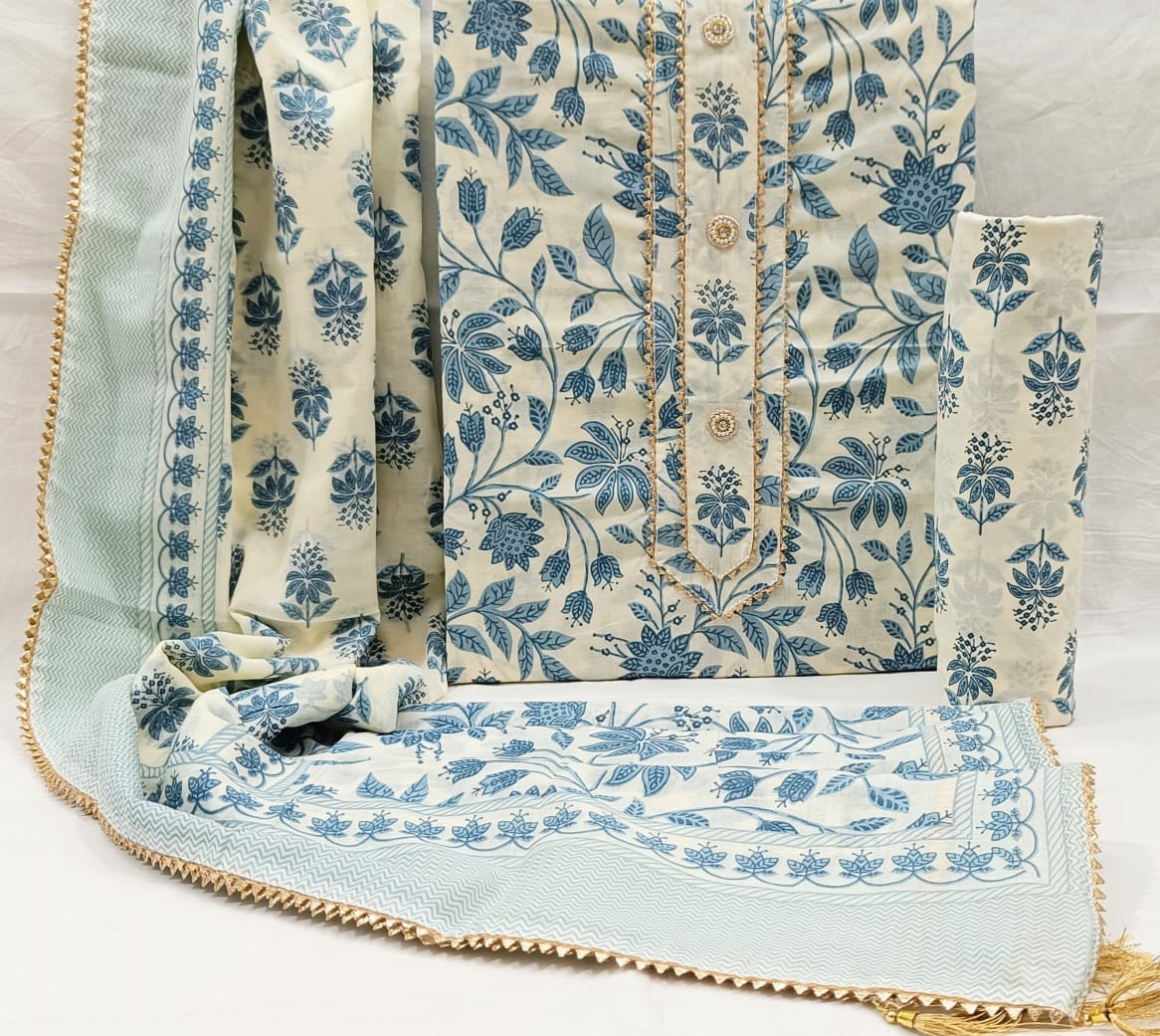 SANGANERI PRINT COTTON SUIT MATERIAL WITH MULMUL DUPATTA GOTTA TYE NECK WORK (GOTAYS38)