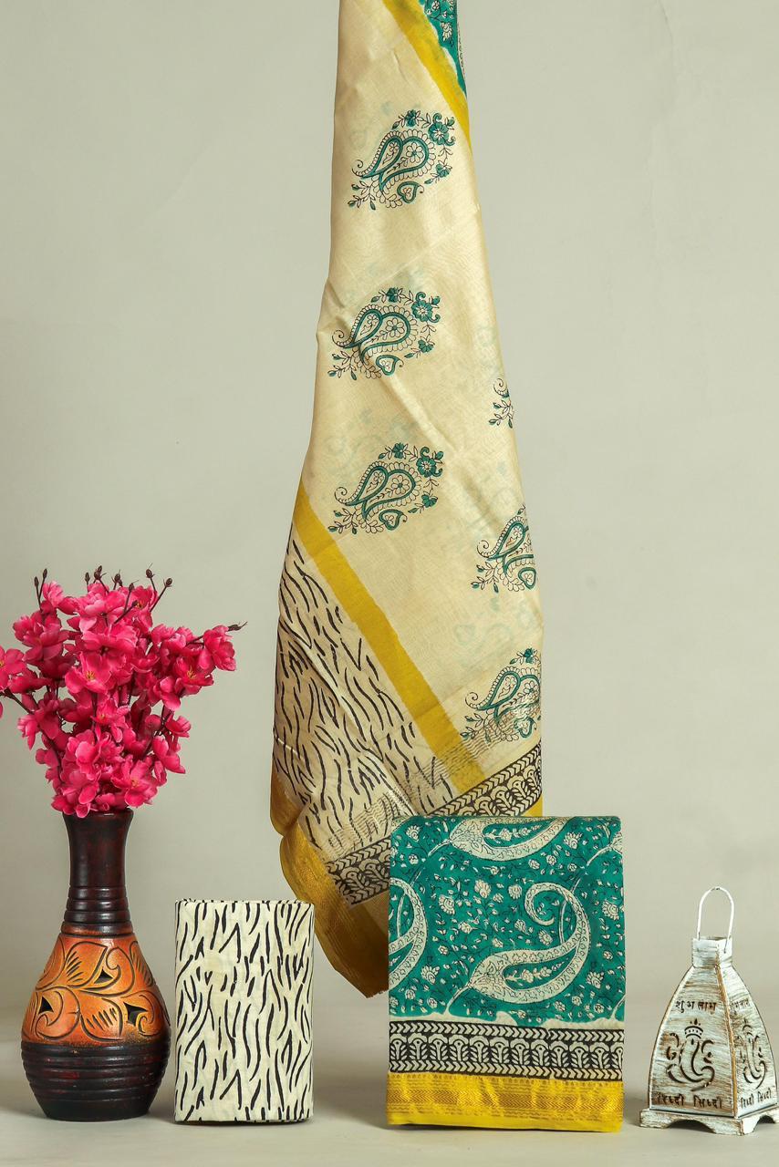 Designer Hand Block Ajrak Print Maheshwari Silk Suit Set (MSLYS02)