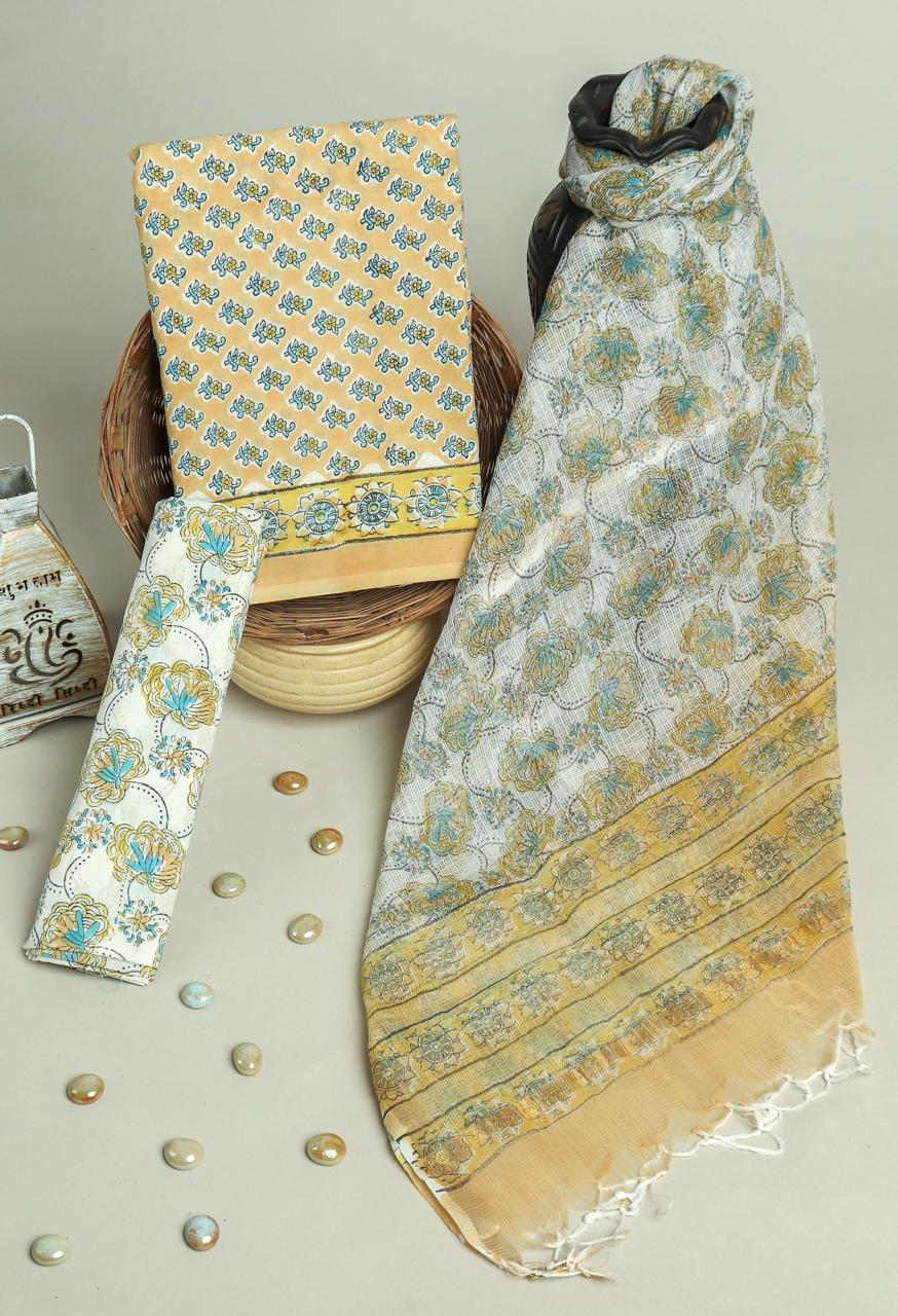 ELEGANT HAND BLOCK PURE COTTON SUIT WITH KOTA DORIA DUPATTA (3CKDYS188)