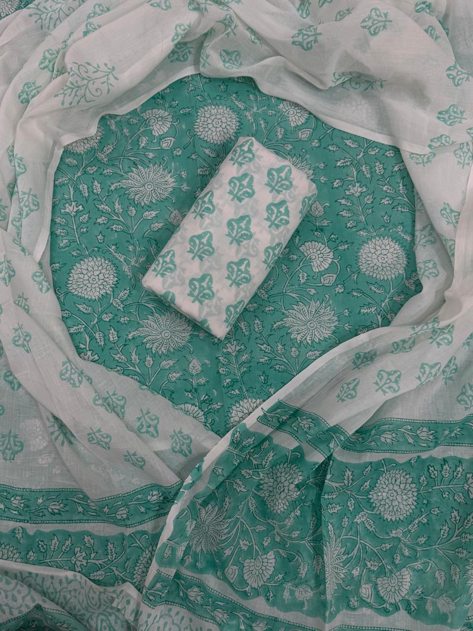 Designer Hand Block Print Pure Cotton Suit with Cotton Mulmul Dupatta (MALYS10)