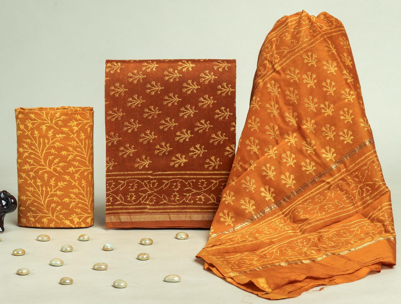 TRADITIONAL HAND BLOCK CHANDERI SILK SUIT SET WITH CHANDERI DUPATTA (CHDYS295)