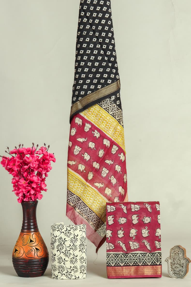 Designer Hand Block Print Maheshwari SilK Suit Set (MSLYS25)