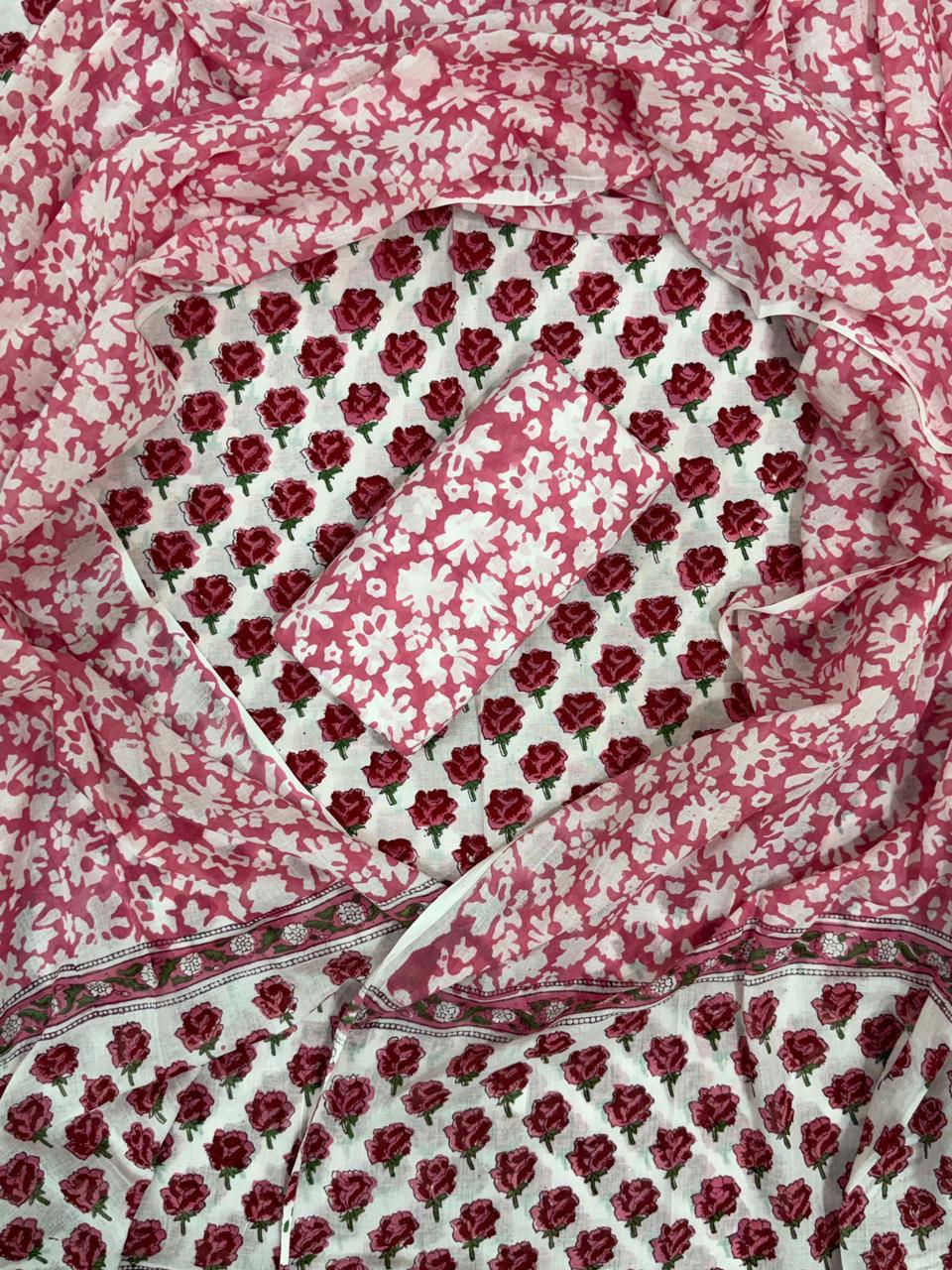 Elegat Hand Block Print Cotton Suit Set with Mulmul Dupatta (malys291)