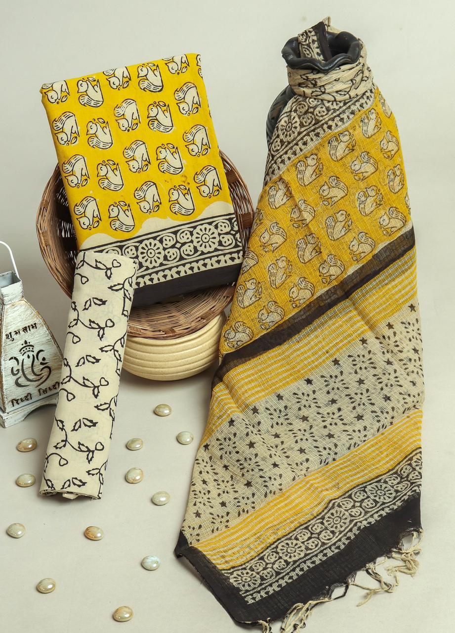 FLORAL HAND BLOCK PRINT PURE COTTON SUIT WITH DORIA DUPATTA(3CKDYS274)